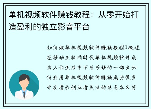 单机视频软件赚钱教程：从零开始打造盈利的独立影音平台